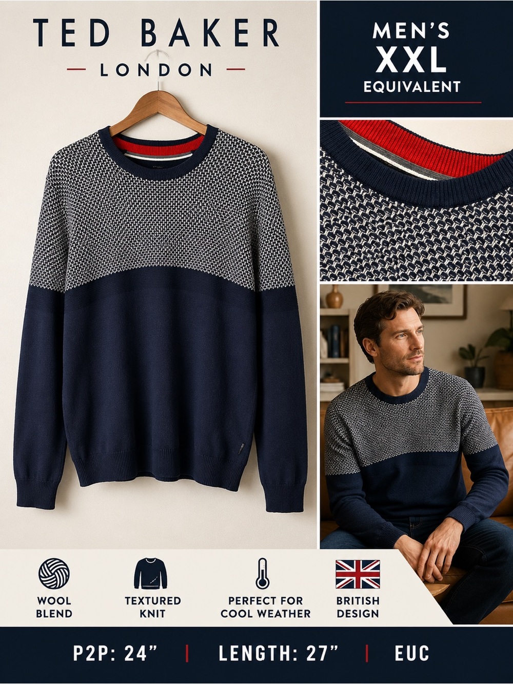 Ted Baker London Men’s Wool Blend Textured Knit Sweater Navy XXL